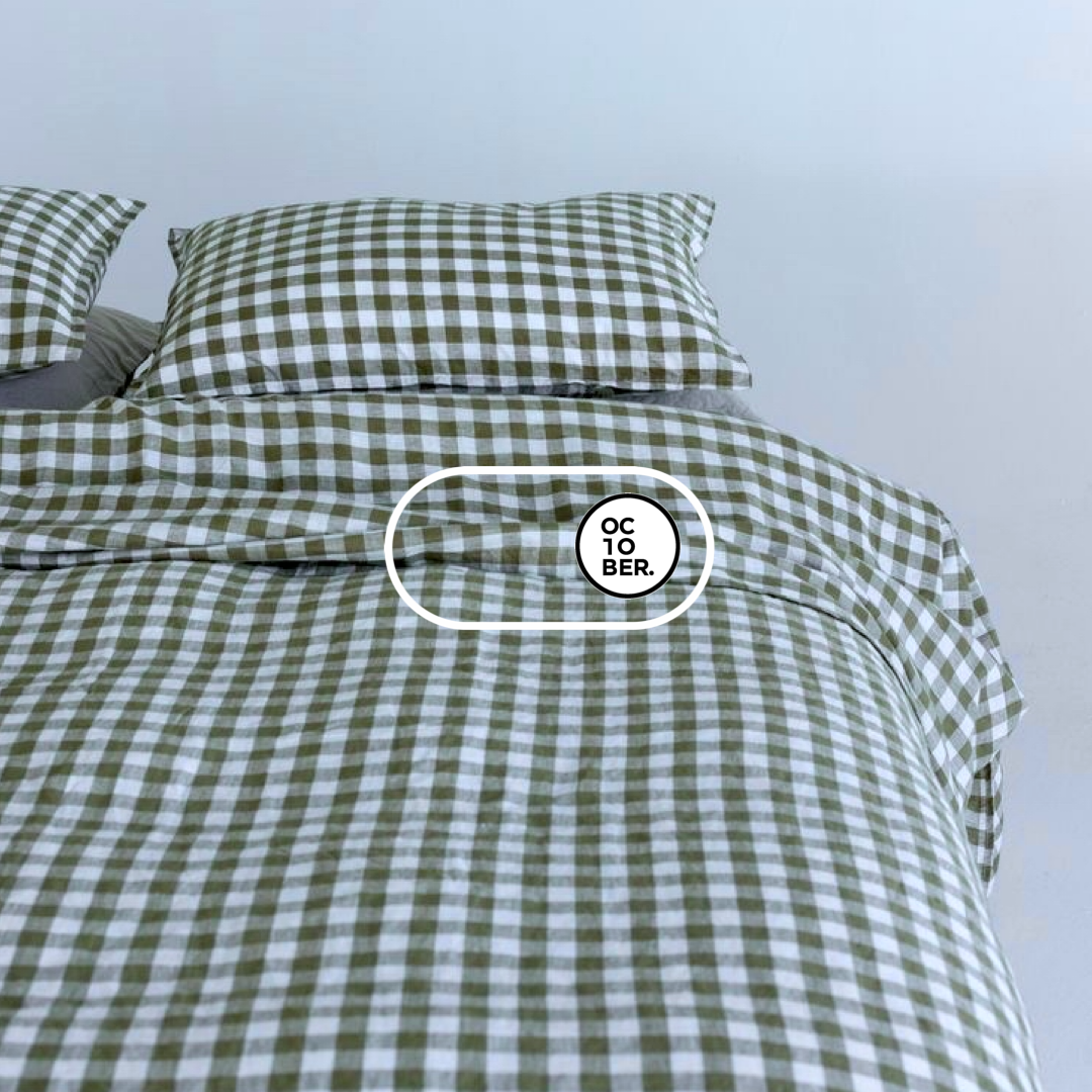 Bộ chăn ga gối | Cotton Organic | | 5 món | 160x200cm, 180x200cm, 200x220cm | Caro Olive | Mềm mại, Kháng khuẩn, Thấm hút | OCTOBER BEDDING