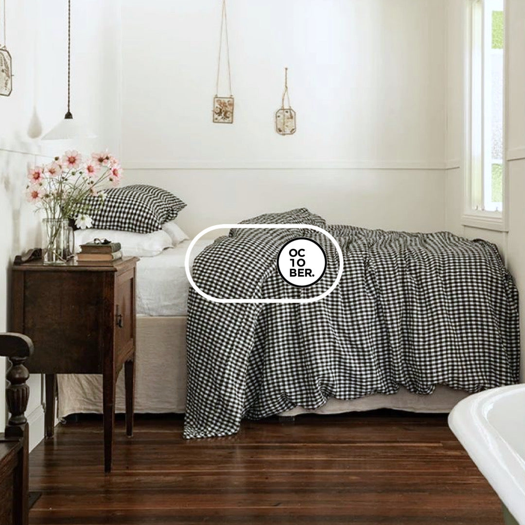 Bộ chăn ga gối | Cotton Organic | | 5 món | 160x200cm, 180x200cm, 200x220cm | Caro Trắng Đen mix Trắng Gạo | Mềm mại, Kháng khuẩn, Thấm hút | OCTOBER BEDDING