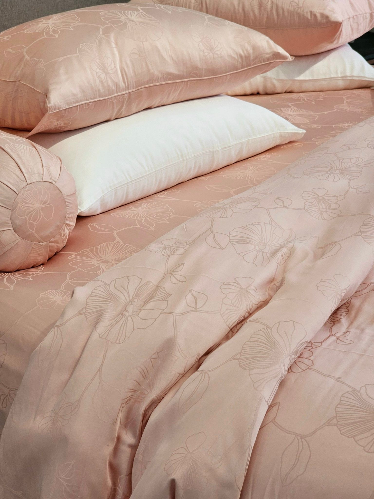 Bộ chăn ga gối | Jacquard Bamboo | Dệt Vân 80s | | 5 món | 160x200cm, 180x200cm, 200x220cm | HỒNG CAM | Mềm mại, Kháng khuẩn, Thấm hút | OCTOBER BEDDING