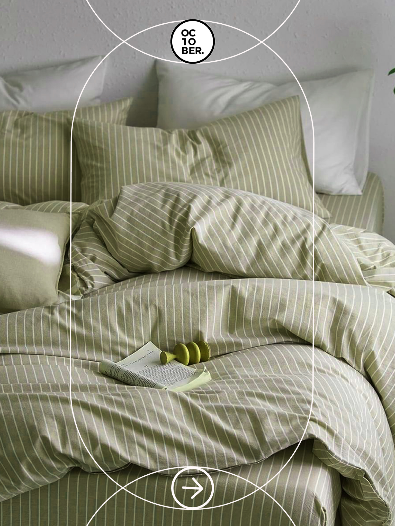 Bộ chăn ga gối | Cotton Organic | | 5 món | 160x200cm, 180x200cm, 200x220cm | Nền Xanh Rêu Sọc Trắng | Mềm mại, Kháng khuẩn, Thấm hút | OCTOBER BEDDING