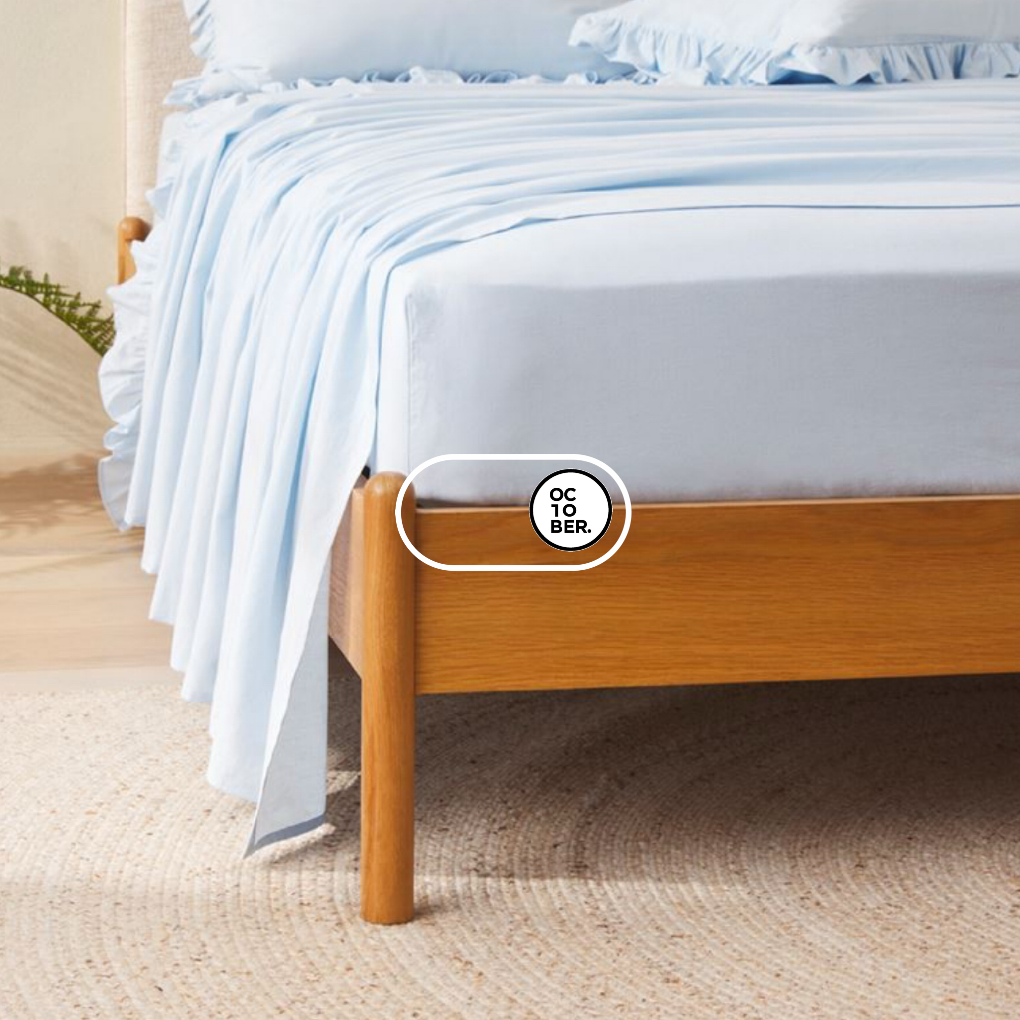 Bộ chăn ga gối | Cotton Organic | | 5 món | 160x200cm, 180x200cm, 200x220cm | Xanh Mây (viền bèo 5cm) | Mềm mại, Kháng khuẩn, Thấm hút | OCTOBER BEDDING