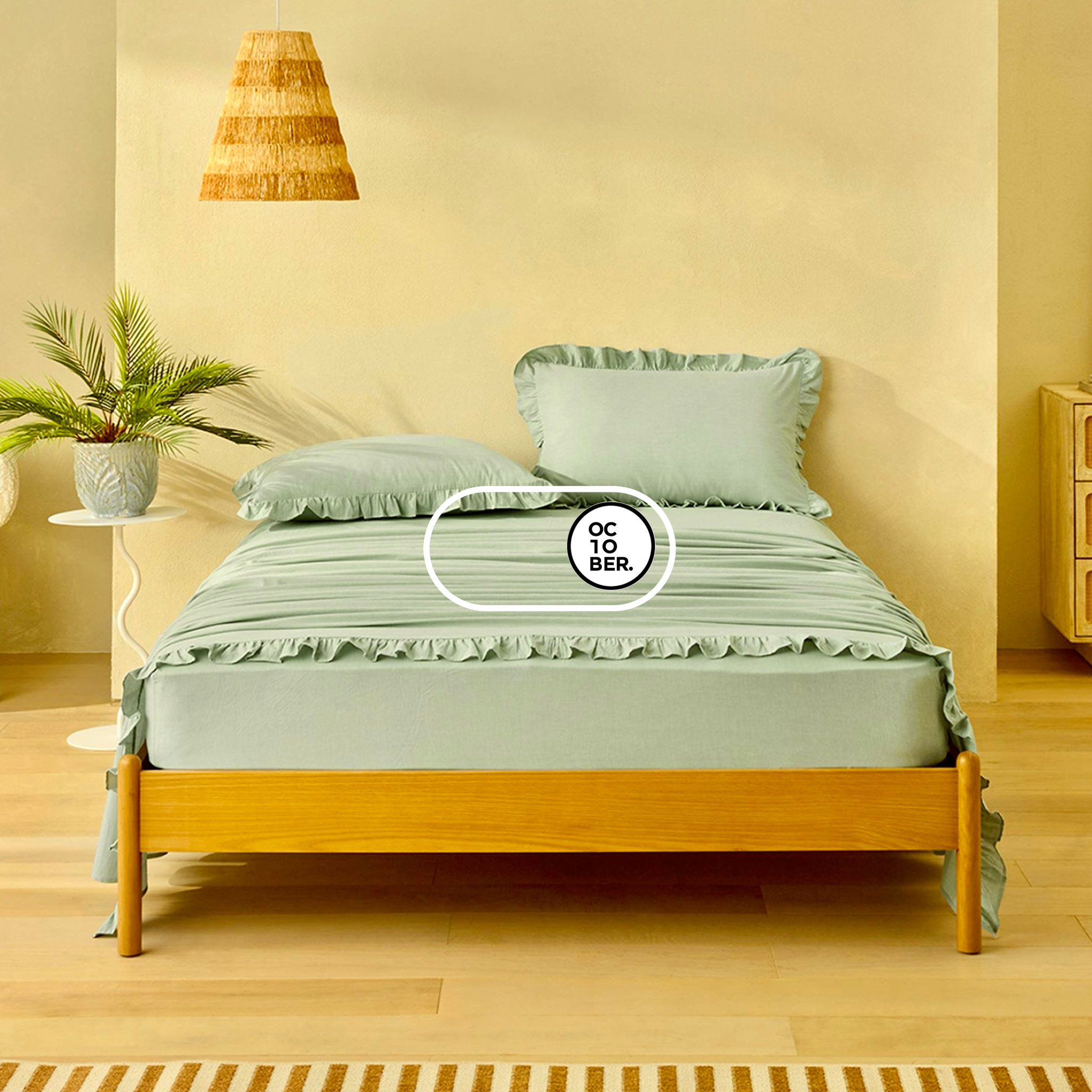 Bộ chăn ga gối | Cotton Organic | | 5 món | 160x200cm, 180x200cm, 200x220cm | Sage (viền bèo 5cm) | Mềm mại, Kháng khuẩn, Thấm hút | OCTOBER BEDDING