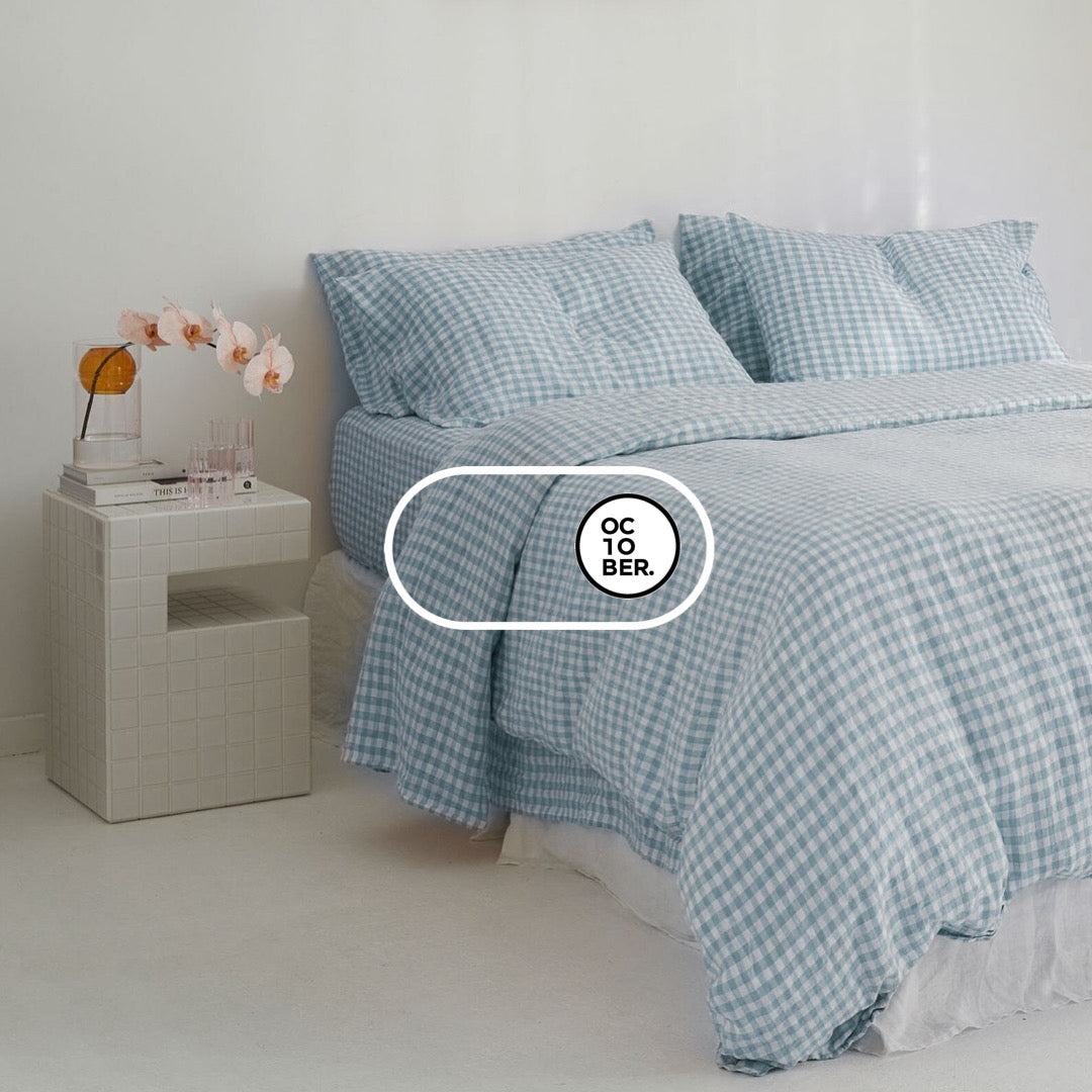 Bộ chăn ga gối | Cotton Organic | | 5 món | 160x200cm, 180x200cm, 200x220cm | Caro Xanh Nhỏ | Mềm mại, Kháng khuẩn, Thấm hút | OCTOBER BEDDING