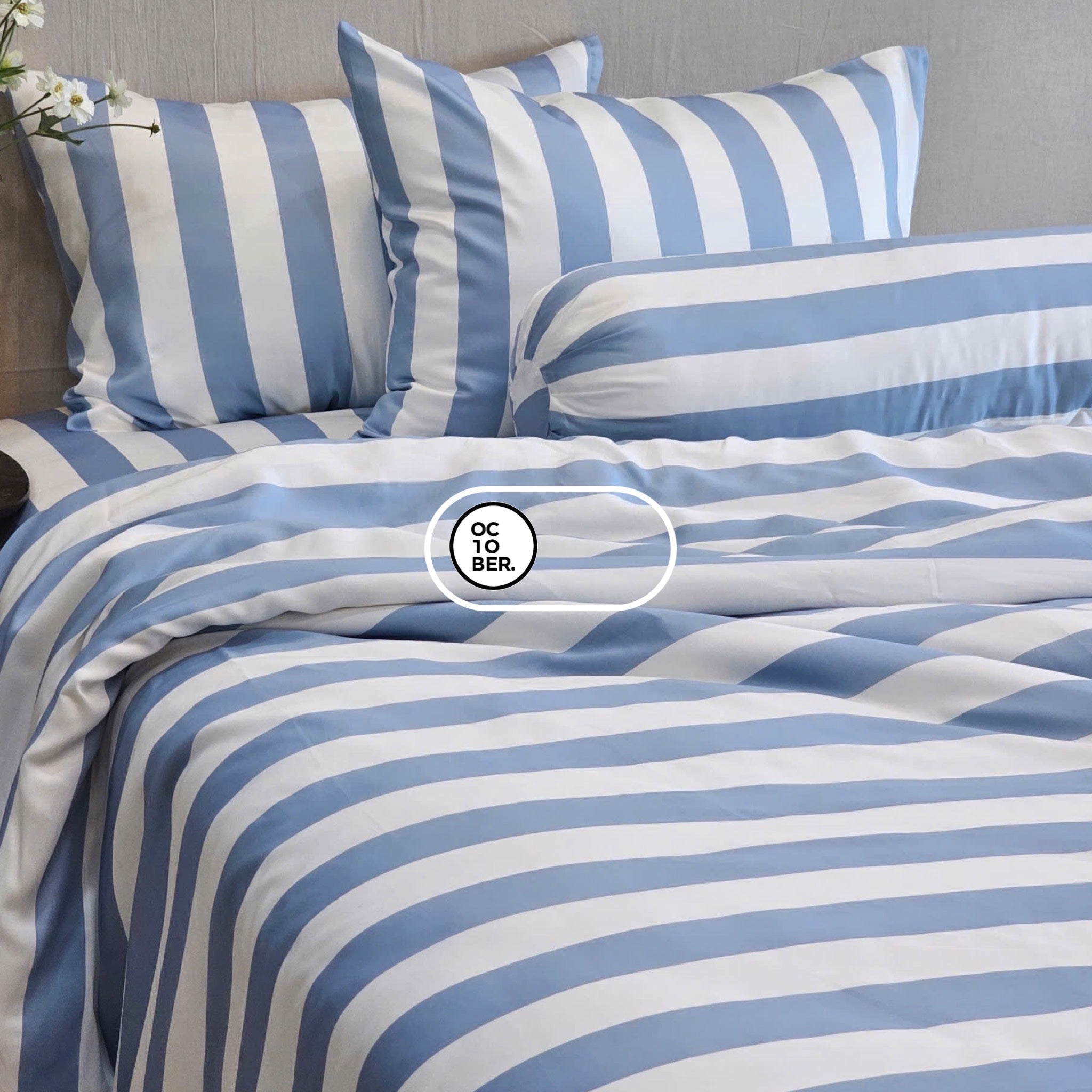 Bộ chăn ga gối | Jacquard Tencel | Họa Tiết 60s | | 5 món | 160x200cm, 180x200cm, 200x220cm | Sọc Xanh Trắng | Mềm mại, Kháng khuẩn, Thấm hút | OCTOBER BEDDING