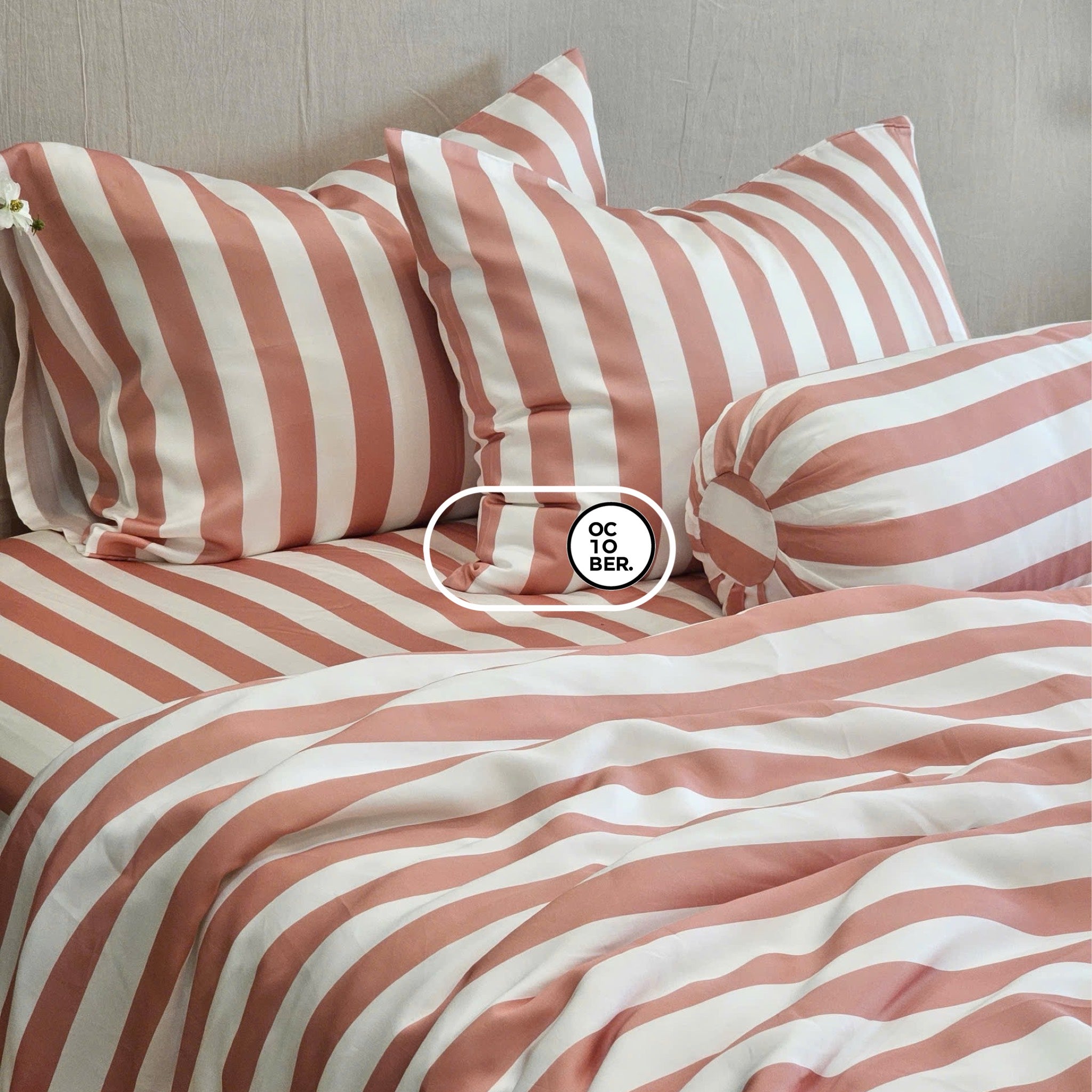 Bộ chăn ga gối | Jacquard Tencel | Họa Tiết 60s | | 5 món | 160x200cm, 180x200cm, 200x220cm | Sọc Cam Đất & Trắng | Mềm mại, Kháng khuẩn, Thấm hút | OCTOBER BEDDING