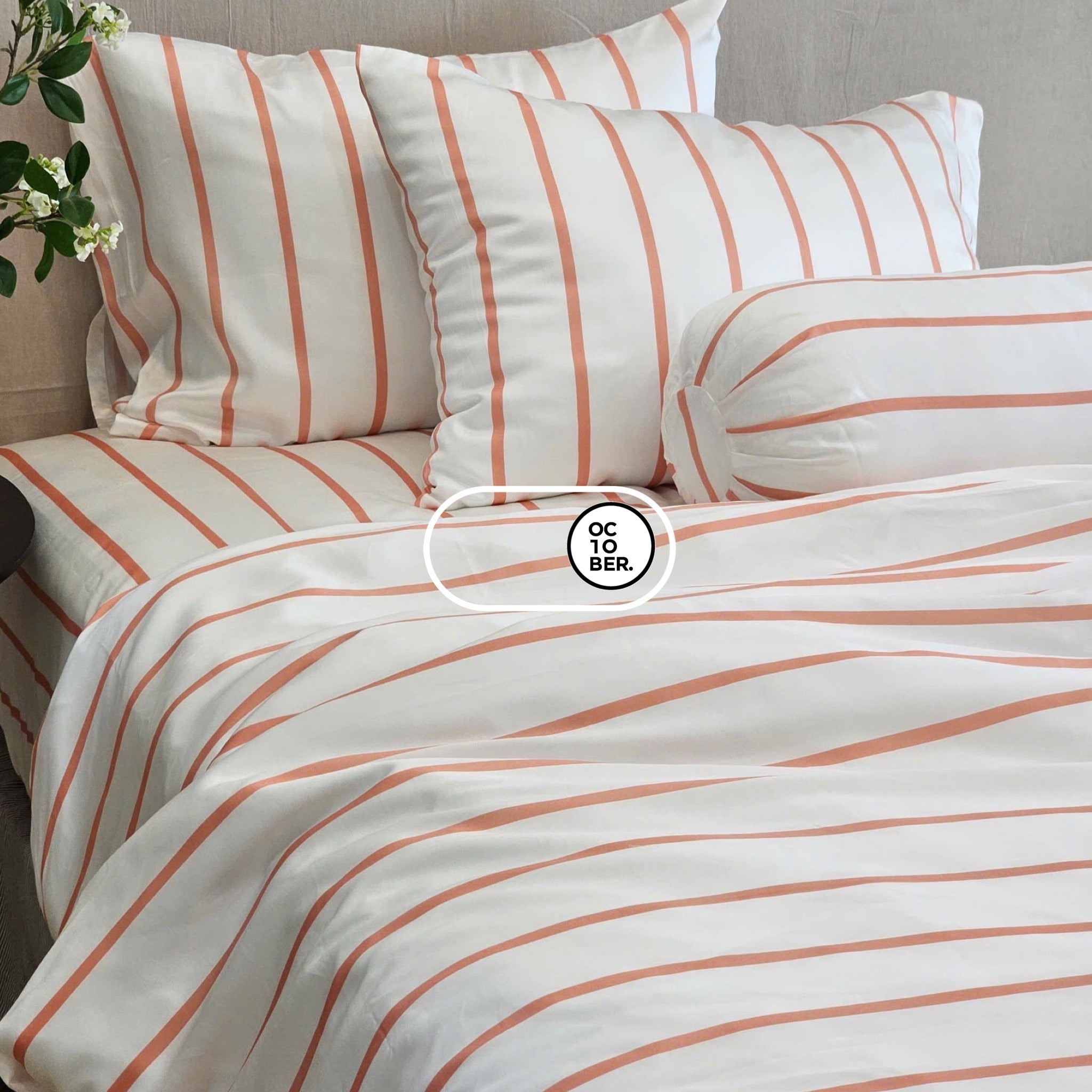 Bộ chăn ga gối | Jacquard Tencel | Họa Tiết 60s | | 5 món | 160x200cm, 180x200cm, 200x220cm | Sọc Cam Sáng Nhỏ Nền Trắng | Mềm mại, Kháng khuẩn, Thấm hút | OCTOBER BEDDING