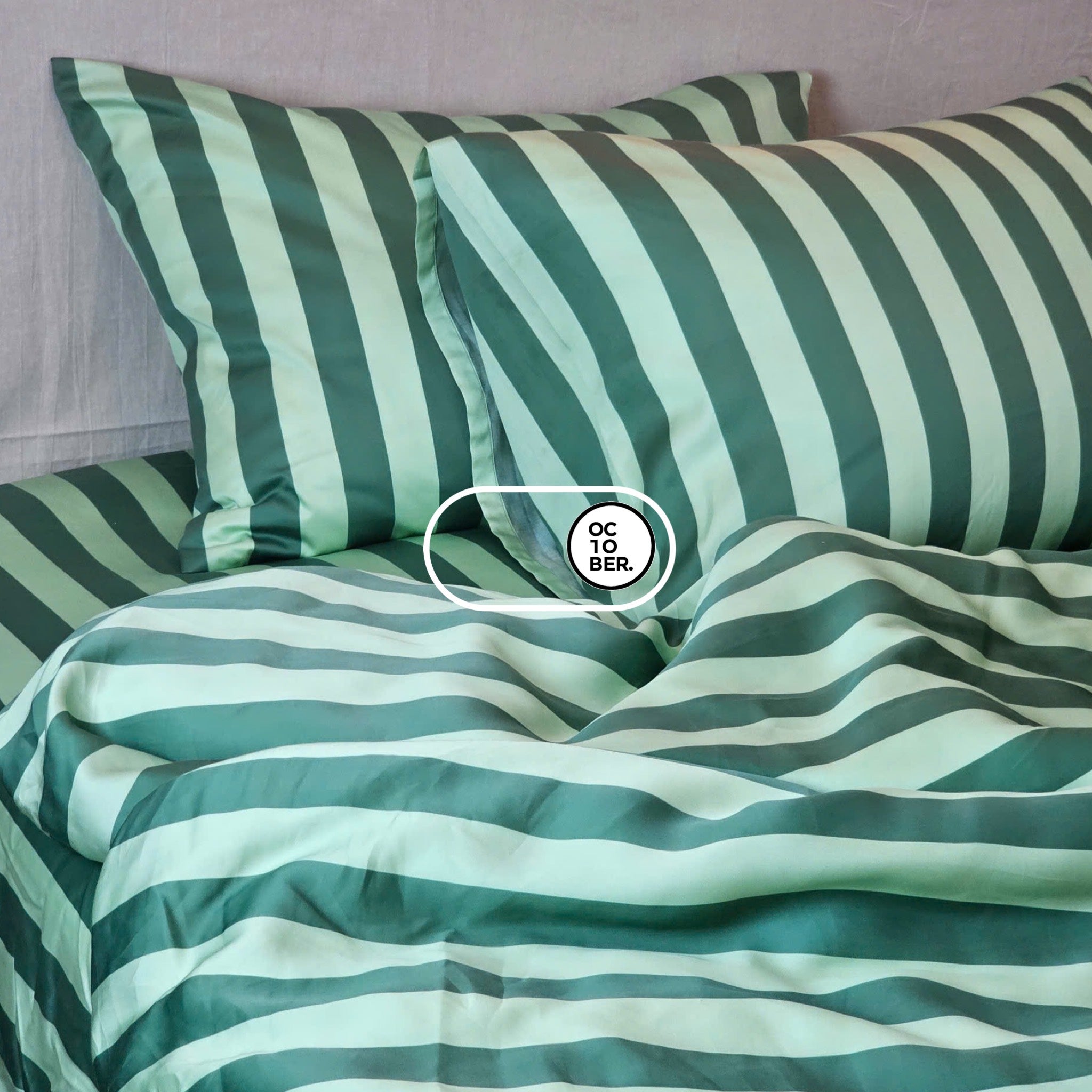 Bộ chăn ga gối | Jacquard Tencel | Họa Tiết 60s | | 5 món | 160x200cm, 180x200cm, 200x220cm | Sọc Olive & Sage | Mềm mại, Kháng khuẩn, Thấm hút | OCTOBER BEDDING