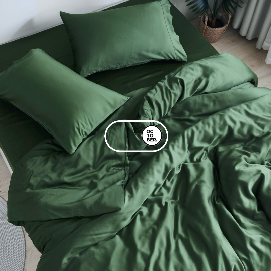 Bộ chăn ga gối | Jacquard Tencel | Trơn 60s | | 5 món | 160x200cm, 180x200cm, 200x220cm | Teal Green | Mềm mại, Kháng khuẩn, Thấm hút | OCTOBER BEDDING