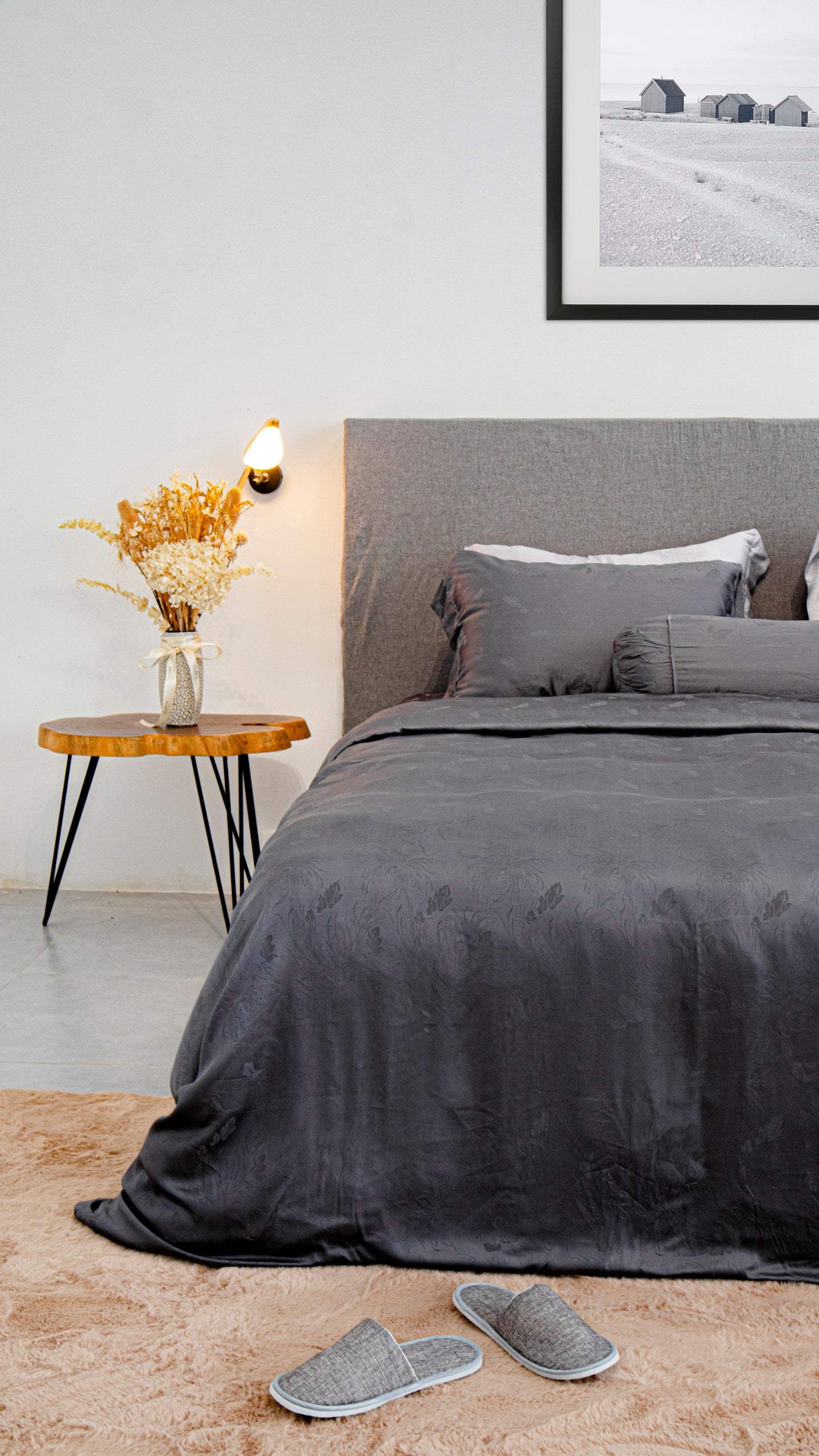 Bộ chăn ga gối | Jacquard Bamboo | Dệt Vân 80s | | 5 món | 160x200cm, 180x200cm, 200x220cm | XÁM ĐẬM | Mềm mại, Kháng khuẩn, Thấm hút | OCTOBER BEDDING