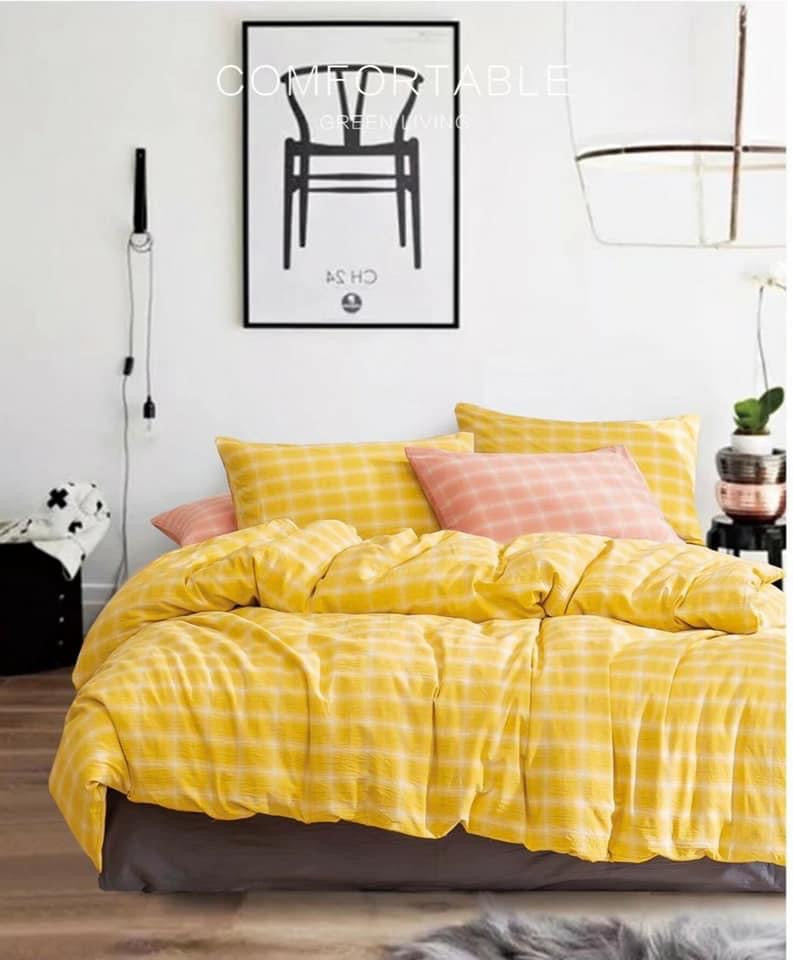 Bộ chăn ga gối | Cotton Organic | | 5 món | 160x200cm, 180x200cm, 200x220cm | Caro Xanh Nền Vàng | Mềm mại, Kháng khuẩn, Thấm hút | OCTOBER BEDDING